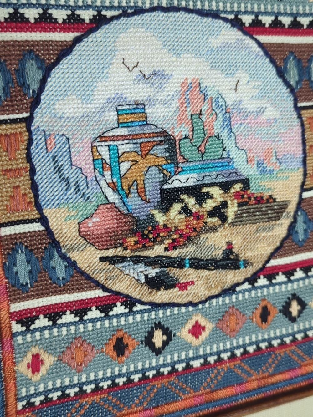 Vintage Southwestern Needlepoint Art Desert Still Life Pottery Scene 11x13